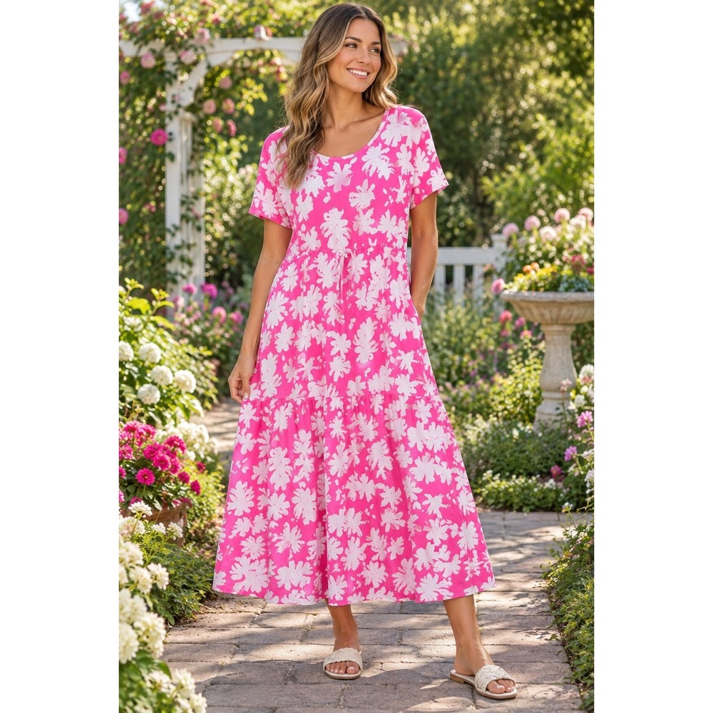 Stan Herman Womens S Pink White Floral 100% Cotton Tiered Midi Maxi Dress -3383